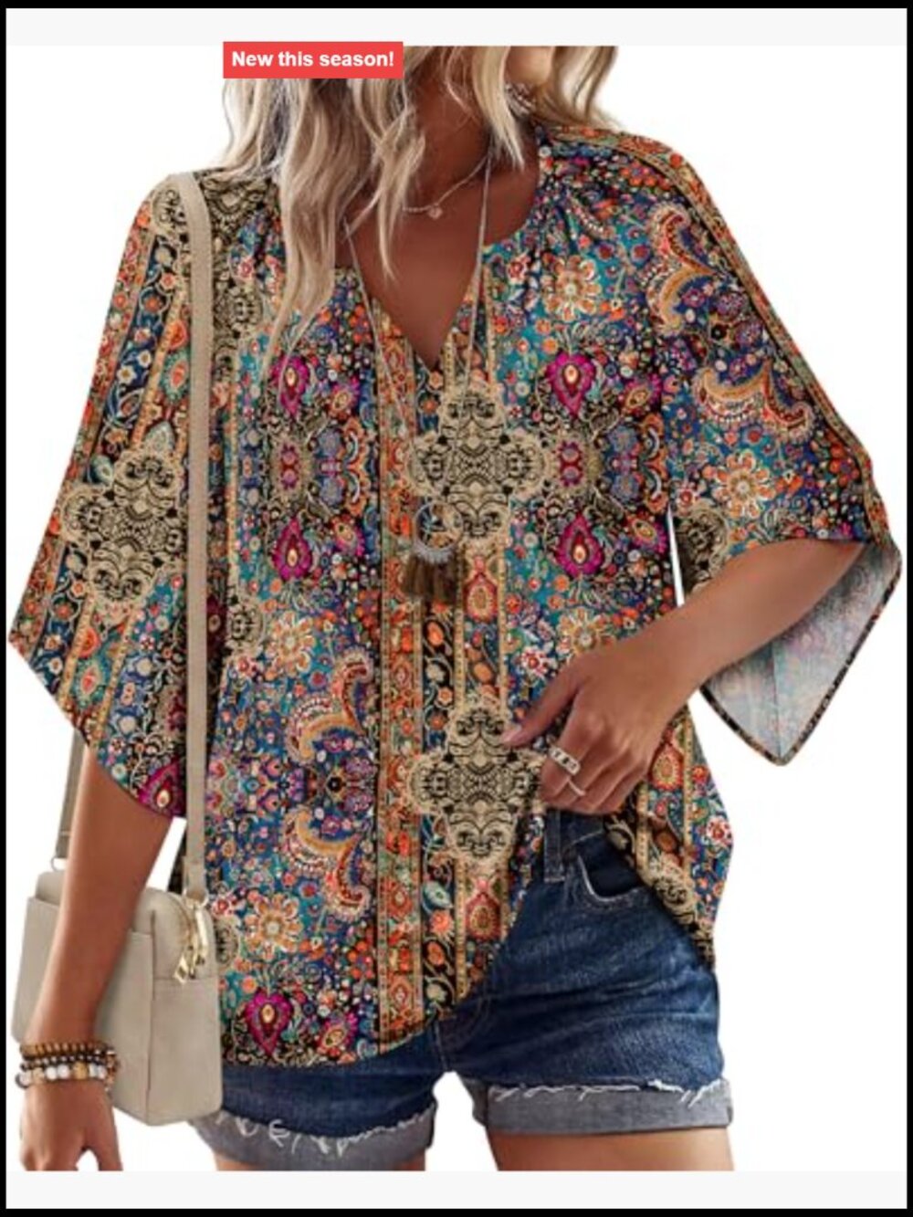 3/4 Sleeve V Neck Bohemian Blouses Casual Loose Fit Tunic Boho Shirt Floral - Picture 2 of 7